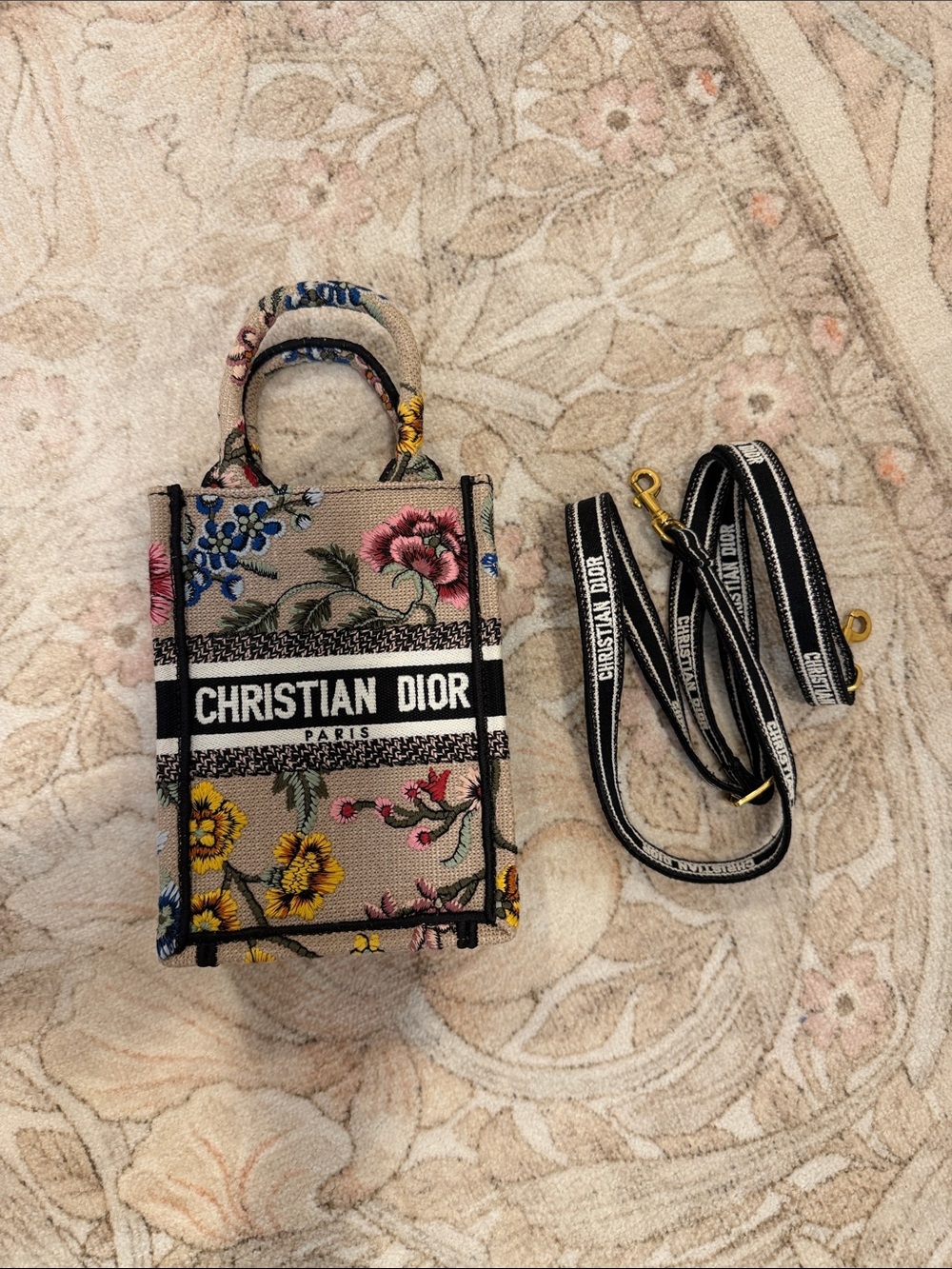 Christian Dior Floral Mini Book Tote - Beige with Multicolor Flowers